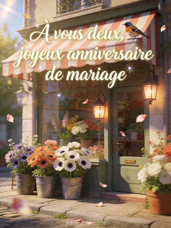 Façade de fleuriste avec anémones, oiseau pinson et lanternes, texte À vous deux, joyeux anniversaire de mariage