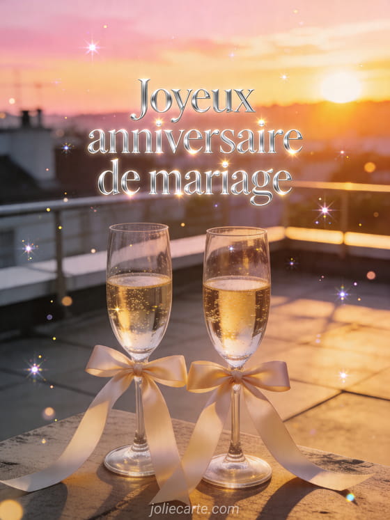 Deux flûtes de champagne en cristal sur une terrasse au coucher du soleil avec rubans satinés et texte Joyeux anniversaire de mariage