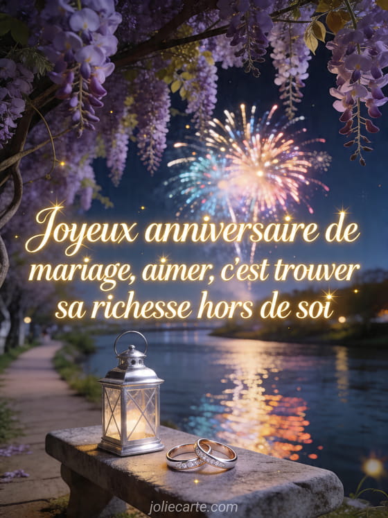 Photo d'un chemin au bord d'une rivière avec glycine, lanterne argentée, alliances et feu d'artifice