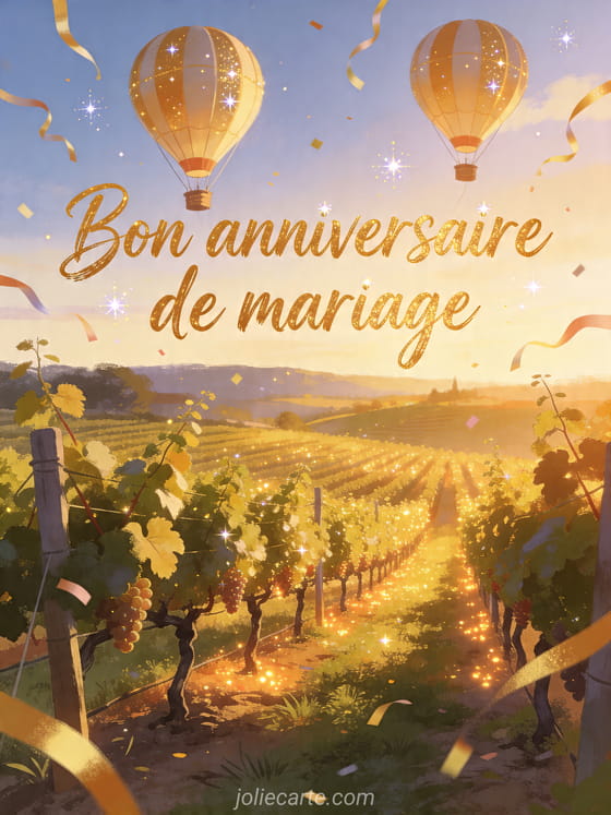 Deux montgolfières au-dessus d'un vignoble lumineux avec banderoles festives et texte Bon anniversaire de mariage