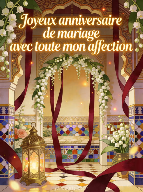 Illustration d'intérieur de fleuriste oriental avec guirlandes de muguet, lanterne en laiton et rubans, texte Joyeux anniversaire de mariage