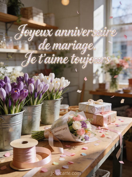 Atelier de fleuriste réaliste avec crocus, rubans et texte Joyeux anniversaire de mariage. Je t'aime toujours