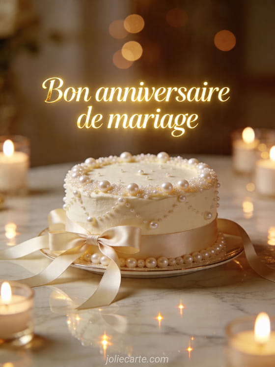 Gâteau d'anniversaire de mariage avec perles de sucre et rubans sur table en marbre, texte Bon anniversaire de mariage
