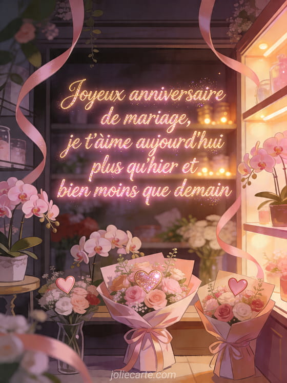 Illustration d'un coin de fleuriste avec orchidées, rubans, cœurs décoratifs et étagères lumineuses