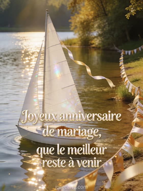 Voilier blanc sur un lac ensoleillé avec fanions sur la rive et texte Joyeux anniversaire de mariage, que le meilleur reste à venir