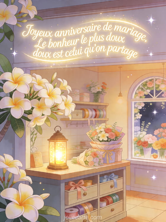 Boutique de fleuriste illustrée avec frangipanier, lanterne et texte d'anniversaire de mariage
