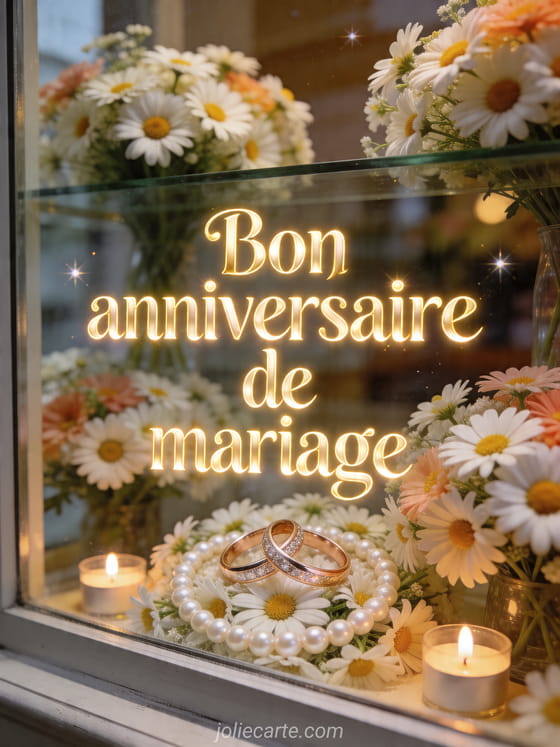 Vitrine de fleuriste avec bouquets de marguerites, alliances de perles et bougies, texte Bon anniversaire de mariage