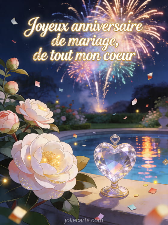 Illustration d'un jardin nocturne avec camélias, confettis lumineux, cœur en cristal, bassin et feu d'artifice