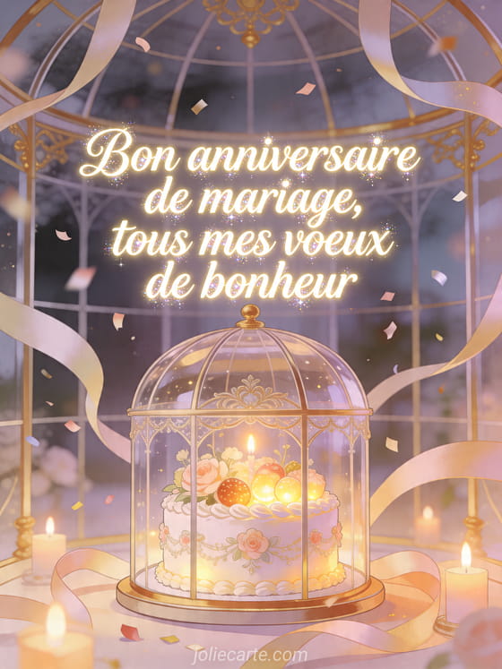Gâteau d'anniversaire de mariage dans une serre lumineuse avec rubans, confettis et texte Bon anniversaire de mariage, tous mes voeux de bonheur