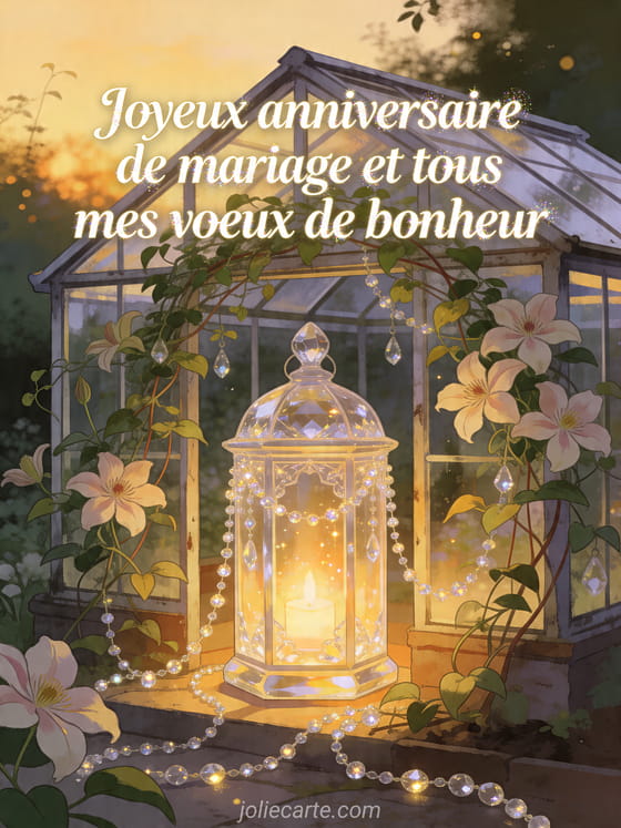 Illustration d'une lanterne en cristal dans une vieille serre avec clématites et guirlandes, texte Joyeux anniversaire de mariage