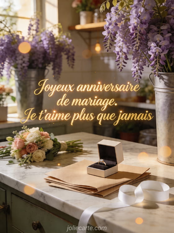 Arrière-boutique de fleuriste réaliste avec glycine, écrin à bague et texte Joyeux anniversaire de mariage