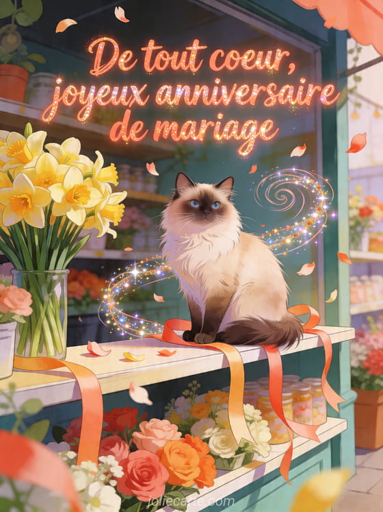 Illustration de comptoir de fleuriste avec jonquilles, chat birman et rubans scintillants, texte De tout coeur, joyeux anniversaire de mariage