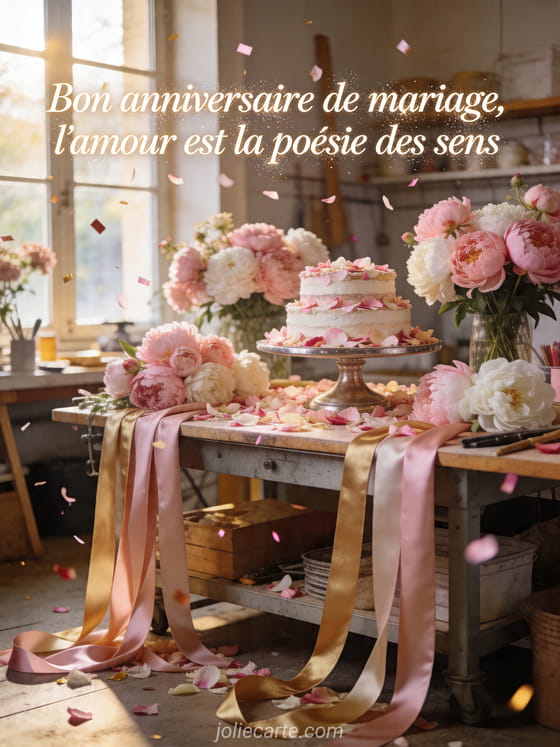 Photo d'un plan de travail de fleuriste avec pivoines, présentoir à gâteau, rubans satinés et confettis
