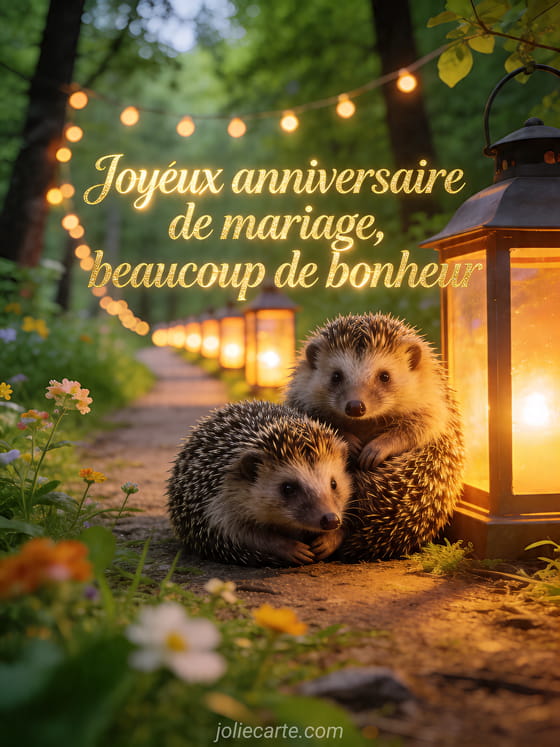 Deux hérissons près d'un chemin forestier éclairé par des lanternes avec guirlandes lumineuses et texte Joyeux anniversaire de mariage, beaucoup de bonheur