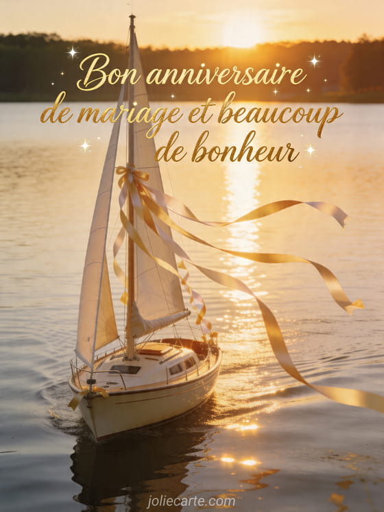 Voilier crème sur un lac calme au coucher du soleil avec rubans festifs et texte Bon anniversaire de mariage