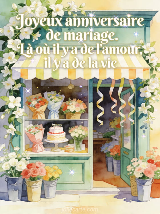 Devanture de fleuriste illustrée avec jasmin, petit gâteau et texte Joyeux anniversaire de mariage