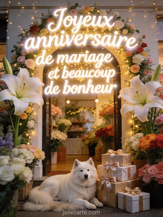 Entrée de fleuriste avec arche d'amaryllis, chien samoyède et cadeaux, texte Joyeux anniversaire de mariage