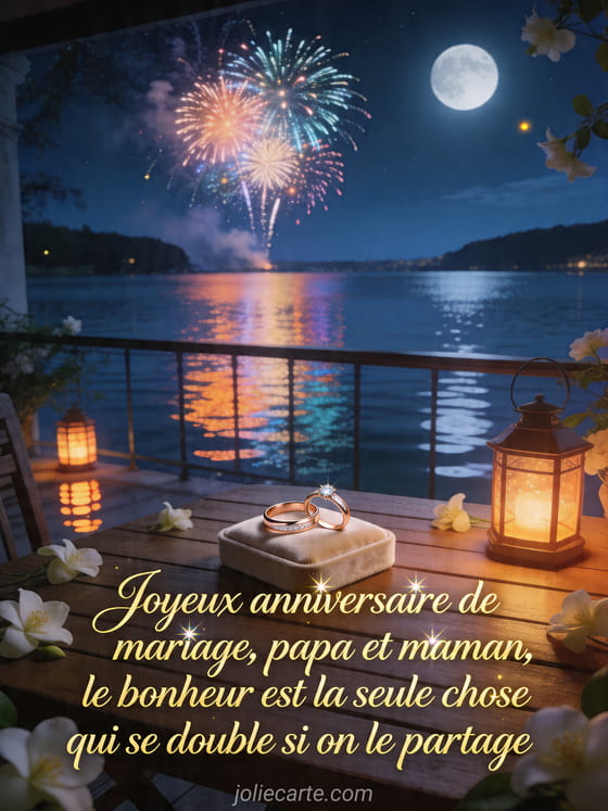 Photo d'une terrasse au bord d'un lac avec jasmin, alliances sur velours, lanternes et feu d'artifice