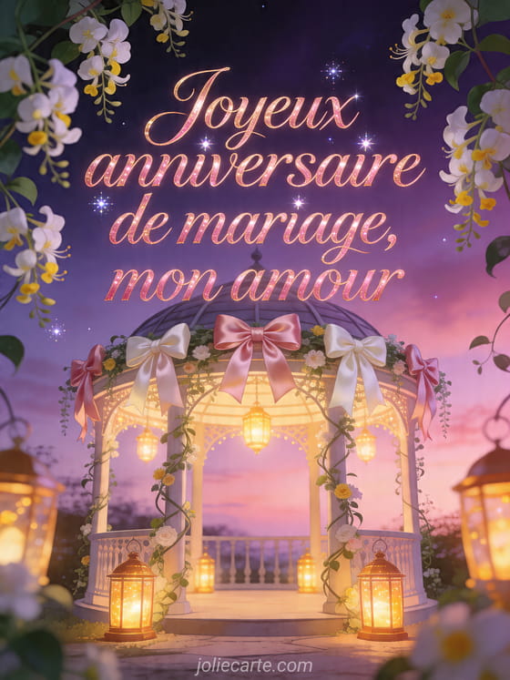 Chèvrefeuille autour d'un kiosque illuminé avec rubans satinés, lanternes et texte Joyeux anniversaire de mariage, mon amour