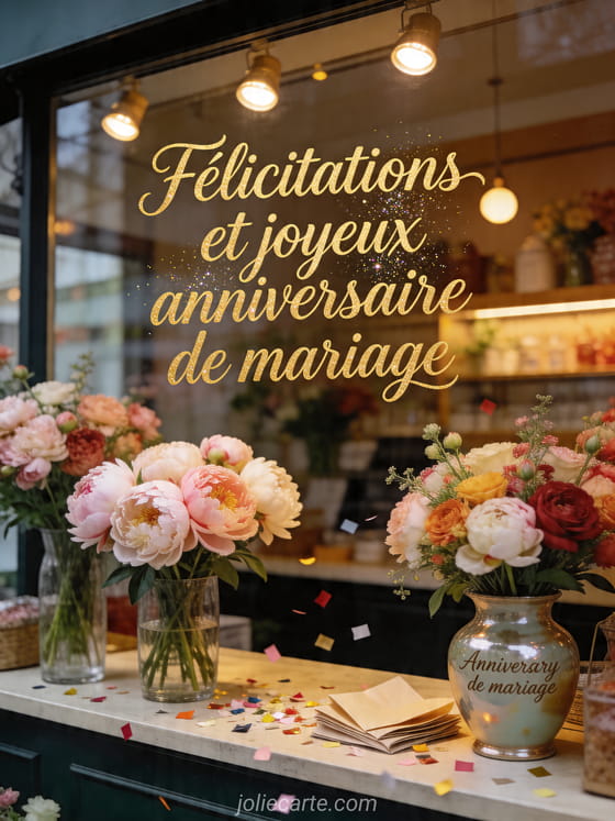 Comptoir de fleuriste réaliste avec pivoines, vase et texte Félicitations et joyeux anniversaire de mariage