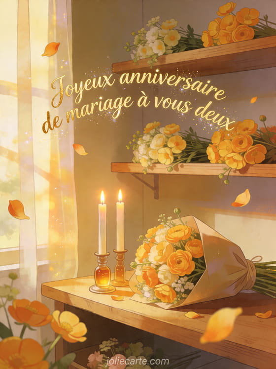 Illustration d'arrière-boutique de fleuriste avec boutons d'or, bougies de mariage et bouquet, texte Joyeux anniversaire de mariage