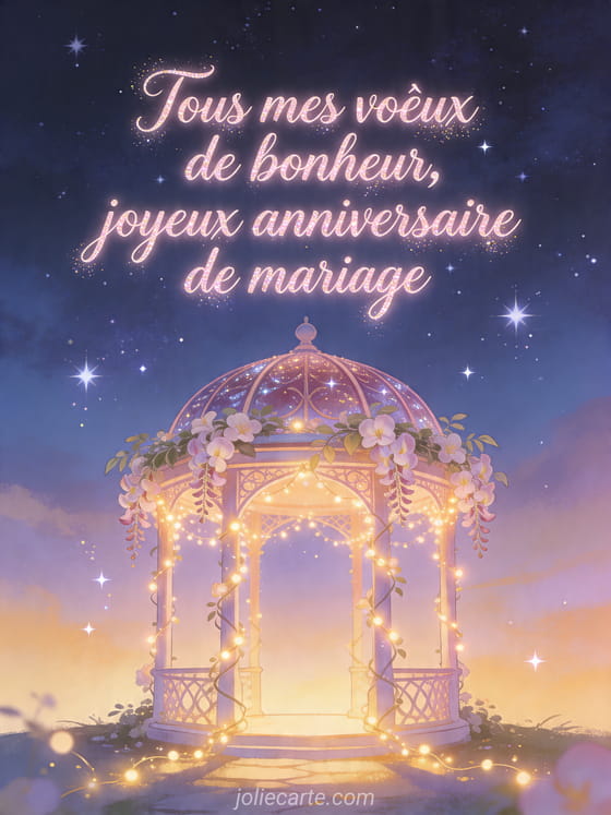 Illustration d'un kiosque entouré de chèvrefeuille et de guirlandes sous un ciel étoilé, texte Joyeux anniversaire de mariage
