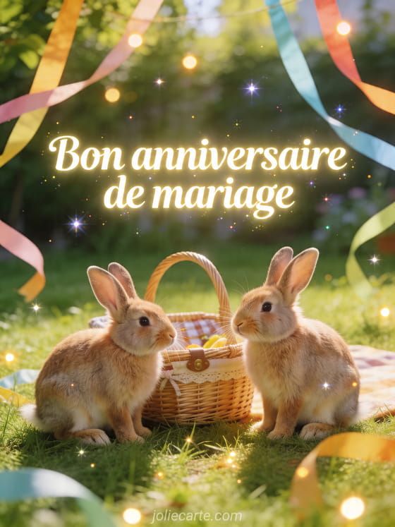 Deux lapins près d'un panier de pique-nique sur une terrasse en prairie avec rubans et texte Bon anniversaire de mariage