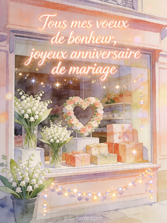 Illustration d'une vitrine de fleuriste avec bouquets de muguet, couronne florale en cœur, paquets et guirlandes