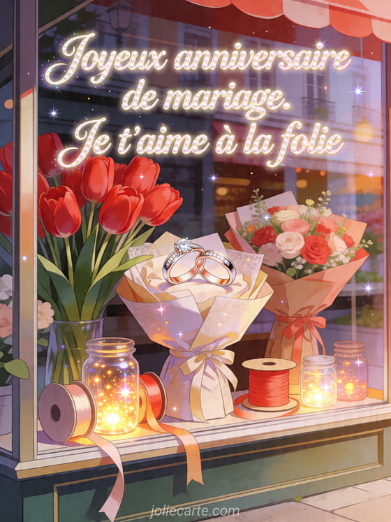 Vitrine de fleuriste illustrée avec tulipes rouges, alliances et texte Joyeux anniversaire de mariage