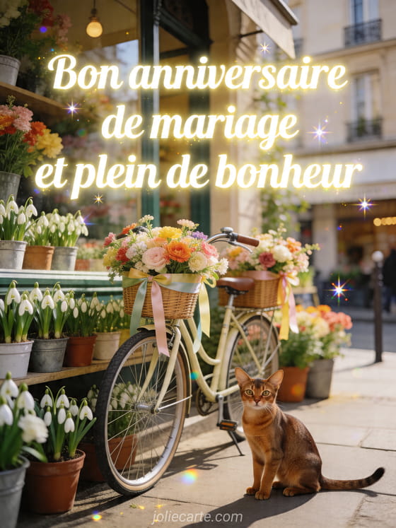 Coin de fleuriste parisien avec pots de perce-neige, chat abyssin et vélo fleuri, texte Bon anniversaire de mariage