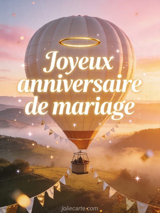 Montgolfière blanche et dorée au-dessus d'une vallée lumineuse au lever du jour, texte Joyeux anniversaire de mariage