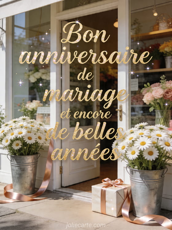 Photo d'une boutique de fleuriste avec bouquets de marguerites, seaux en zinc, cadeau emballé et rubans