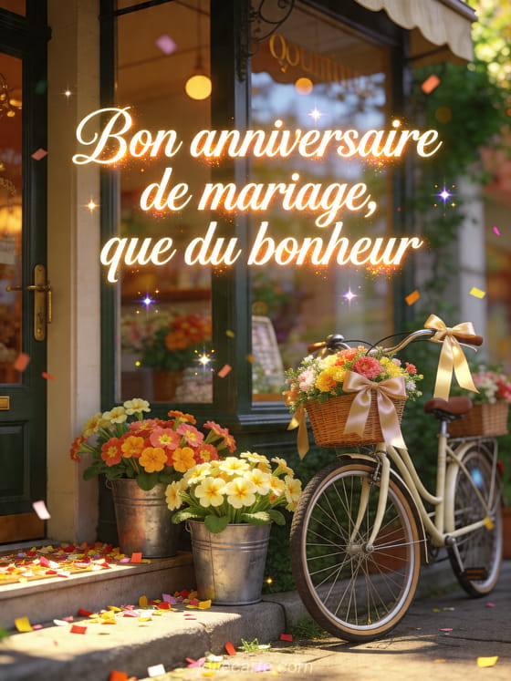 Devanture de boutique réaliste avec primevères, vélo fleuri et texte Bon anniversaire de mariage