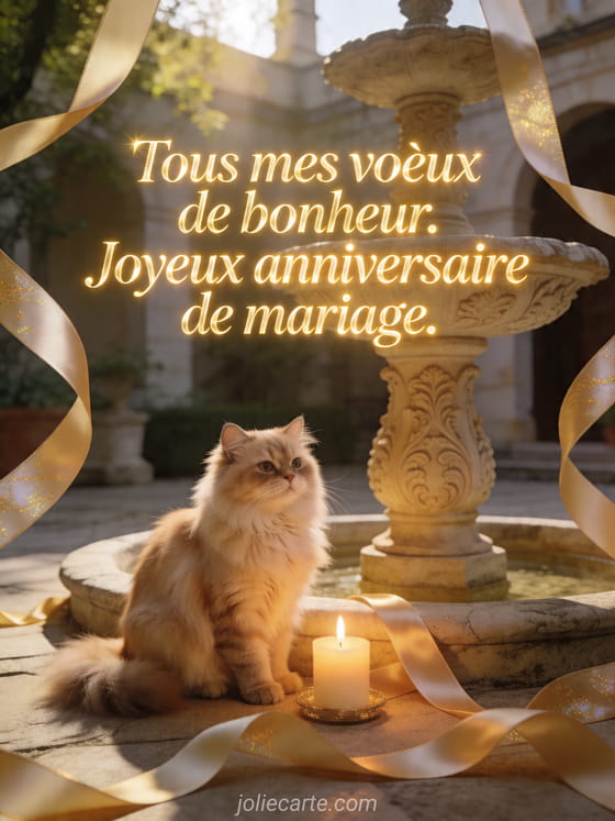 Chat persan près d'une fontaine en pierre éclairée à la bougie dans une cour avec rubans et texte Tous mes voeux de bonheur. Joyeux anniversaire de mariage.