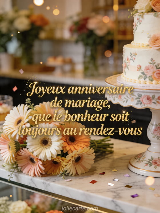 Photo d'un comptoir de fleuriste en marbre avec gerberas, présentoir floral et confettis lumineux