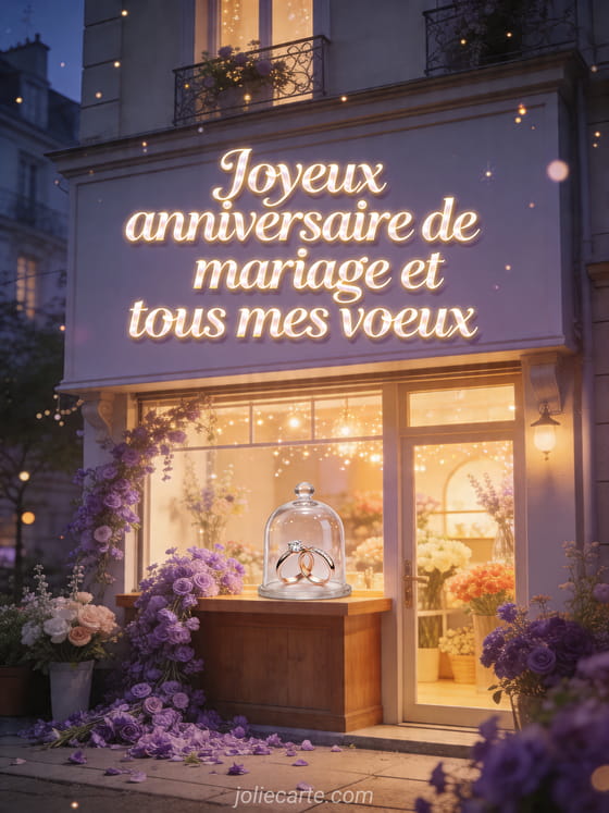 Présentoir extérieur de fleuriste avec violettes et cloche en verre sur des alliances, texte Joyeux anniversaire de mariage