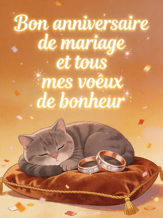 Illustration d'un chat british shorthair près de deux alliances sur un coussin en velours, texte Bon anniversaire de mariage