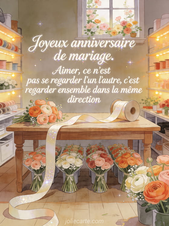 Atelier de fleuriste illustré avec renoncules, rubans et texte d'anniversaire de mariage