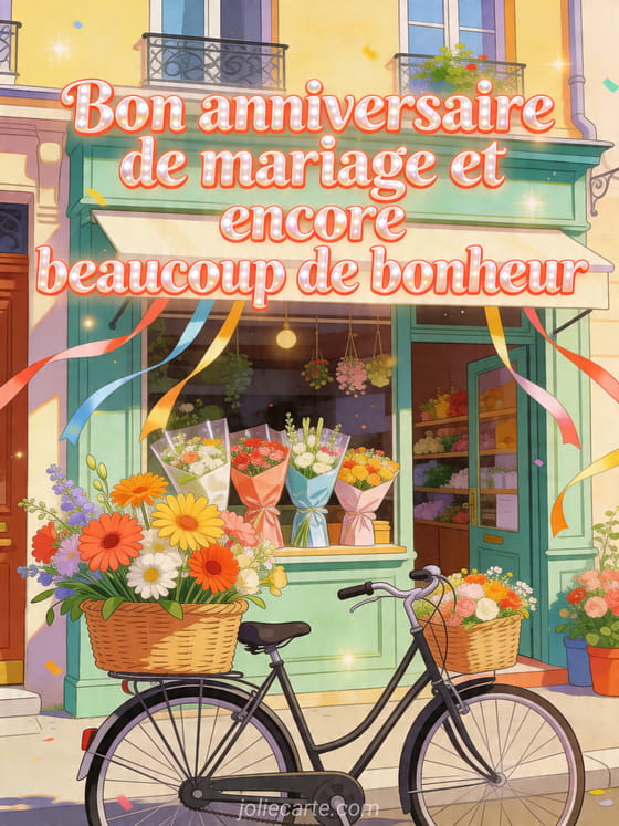 Illustration d'un vélo chargé de paniers de cosmos devant une petite boutique de fleuriste parisienne