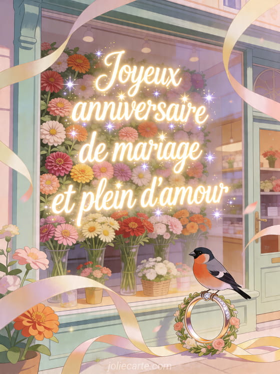 Illustration d'un mur de zinnias avec oiseau bouvreuil sur une couronne d'alliances, texte Joyeux anniversaire de mariage