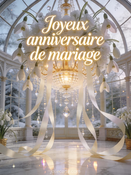 Lustre en cristal au-dessus de perce-neige et rubans dans une serre lumineuse, texte Joyeux anniversaire de mariage
