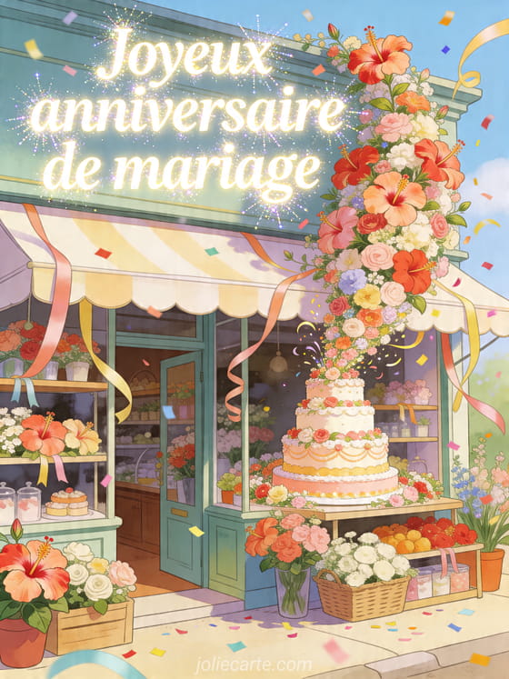 Illustration d'une boutique fleurie avec hibiscus, énorme gâteau floral, rubans et confettis virevoltants