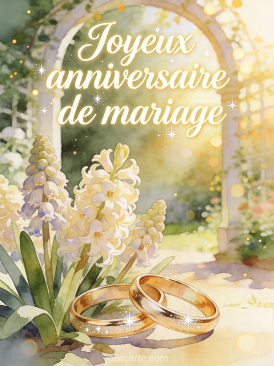 Illustration de deux alliances dorées parmi des jacinthes en fleurs près d'une arche de jardin