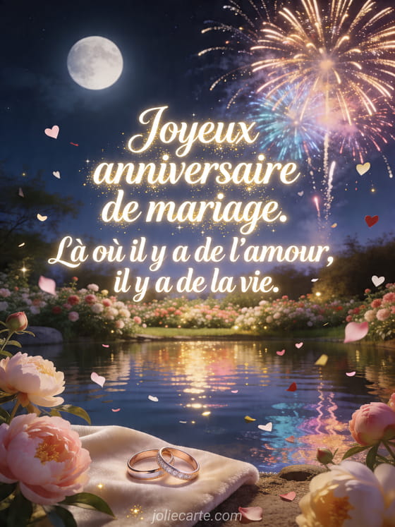 Jardin au bord du lac avec pivoines, alliances sur velours et feu d'artifice, texte Joyeux anniversaire de mariage