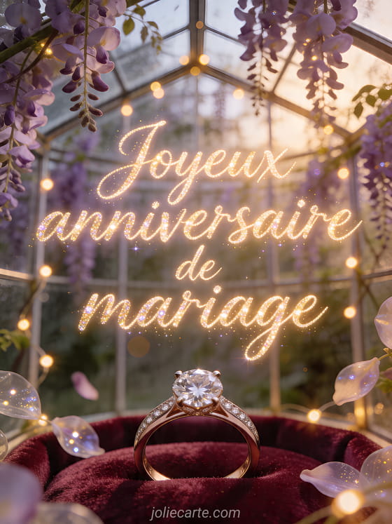 Alliance posée sur un coussin de velours dans une serre remplie de glycines et de lumières féeriques avec texte Joyeux anniversaire de mariage