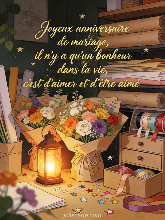 Illustration d'un intérieur de fleuriste avec lanterne, bouquets, papier kraft et tiroirs à rubans, texte Joyeux anniversaire de mariage