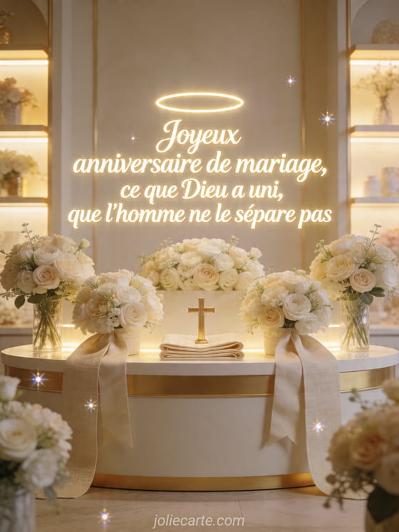 Boutique de fleuriste avec petite croix dorée entourée de bouquets crème et ruban de lin, texte Joyeux anniversaire de mariage