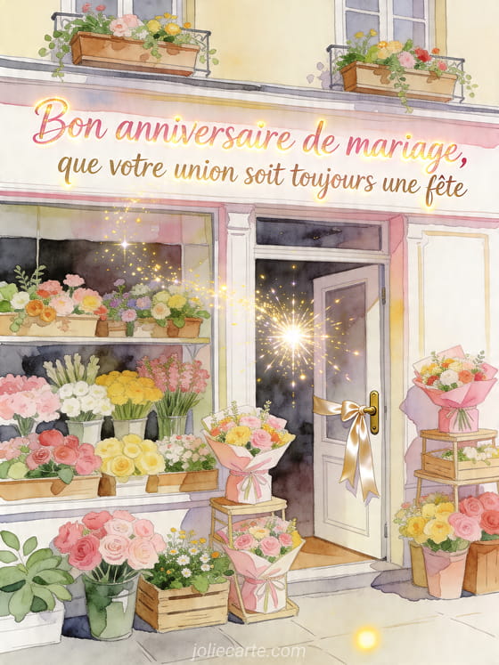 Dessin d'une devanture de fleuriste avec jardinières, bouquets empilés et rubans à la porte, texte Bon anniversaire de mariage