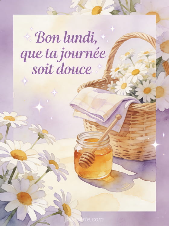 Panier de pique-nique en osier avec serviette, pot de miel et marguerites, texte Bon lundi, que ta journée soit douce