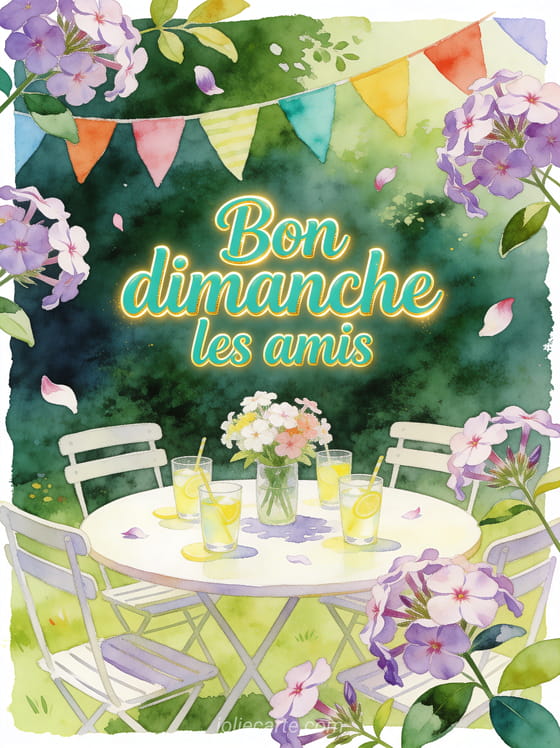 Table de jardin ronde avec verres de limonade, phlox et guirlande colorée, texte Bon dimanche les amis